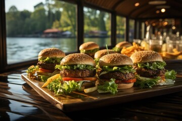 A hamburger with Jalapeños in a cafeteria by the river with rowing boats., generative IA
