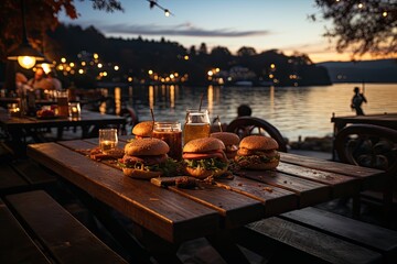 A hamburger with special sauce in a coffee overlooking a lake with rowing boats., generative IA
