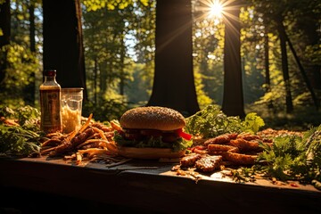 A hamburger with special sauce in a picnic shadow of tall trees., generative IA