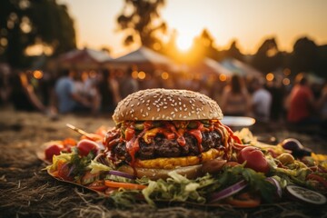 A hamburger with peppers at an outdoor music festival., generative IA
