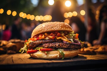 A hamburger with peppers at an outdoor music festival., generative IA