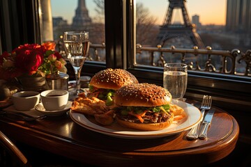 A hamburger with Swiss cheese in a Parisian coffee overlooking the Eiffel Tower., generative IA - obrazy, fototapety, plakaty
