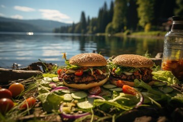 A hamburger with Swiss cheese in a picnic on the edge of a serene lake., generative IA