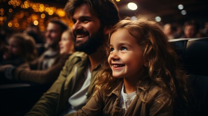 A happy young couple and their daughter are at the theater enjoying a thrilling film.