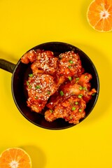  Teriyaki chicken on a yellow background, asian food,