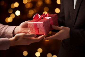 closeup couple hand giving gift box
