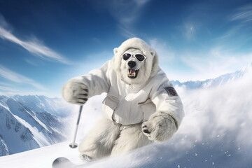 polar bear skiing - obrazy, fototapety, plakaty