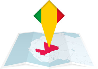 Mali pin flag and map on a folded map