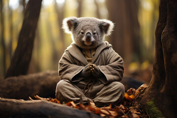 Peaceful gray koala sensei in kimono sits in autumn forest and meditates. Concept of eastern wisdom, martial arts, yoga, Buddhism, peace, tranquility, relaxation, fall, zoo, wildlife. Generative AI - obrazy, fototapety, plakaty