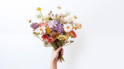A hand delicately holding a bouquet of wildflowers against a white background, bouquet of flowers, plain background, with copy space