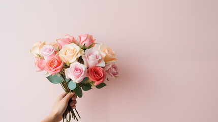A hand gracefully holding a bouquet of pastel roses, bouquet of flowers, plain background, with copy space