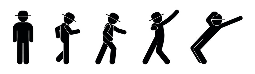 dancing man icon, stick figure people, human silhouette in hat, dance moves illustration
