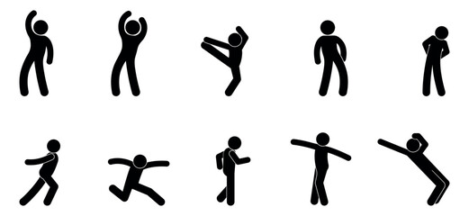 set of dancing icons, stick figure human silhouettes, dancing people, person symbol