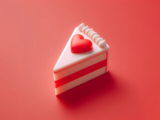 Fetta di torta di San Valentino con crema e glassa, rossa e bianca, con decorazioni a forma di cuore, in stile render 3D - obrazy, fototapety, plakaty