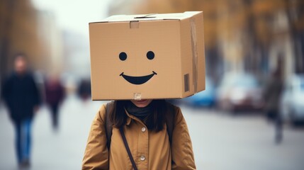 portrait of young woman with cartboar box on head with smile emoji