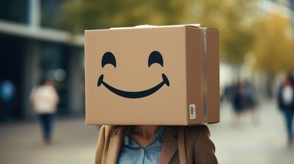 portrait of young woman with cartboar box on head with smile emoji