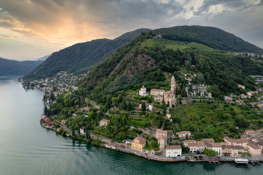 Aerial image of the parish church Madonna del Sasso stands on the high hill of Vico Morcote.