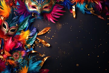 Carnival Party background with carnival mask, feathers, rhinestones, sparkles and copy space. Festival backdrop with empty space for text