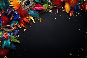Carnival Party background with carnival mask, feathers, rhinestones, sparkles and copy space. Festival backdrop with empty space for text - obrazy, fototapety, plakaty