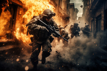 Soldier Advancing Through Chaos and Flames - obrazy, fototapety, plakaty