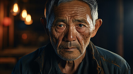 Fototapeta premium An elderly Asian man, contemplating and gazing at the lens in the studio, is captured in a tight-up shot.