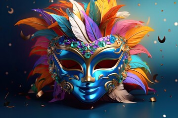 Bright carnival mask with feathers, rhinestones, sparkles, decorative elements for a holiday, party, carnival - obrazy, fototapety, plakaty