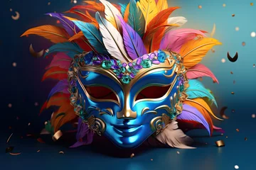 Foto op Aluminium Bright carnival mask with feathers, rhinestones, sparkles, decorative elements for a holiday, party, carnival © Iryna