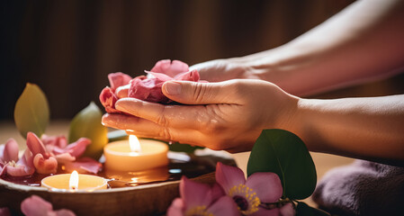 Human hands hold petals over a water bath with floating candles and pink flowers. A spa self-care...