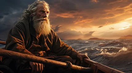 Foto op Plexiglas portrait of old man with beard at sea in small wooden boat © Barosanu