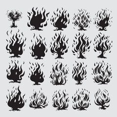 set of monochrome and illustrated burning fire vectors