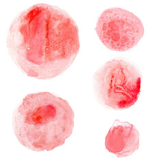 Set of 5 Red Watercolor Stains. Rough Abstract Transparent Watercolor Spots. Blood-like Drops. No Background. Red Irregular Stains and Splatter Print.
