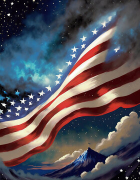 American Abstract Painting Style Graphic, American Flag, Mountains, Stars, Sky