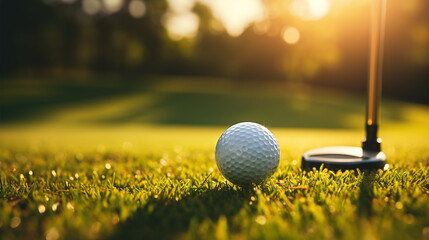 A tee topped with a golf ball and several golf clubs is seen in great detail on a golf course...A...
