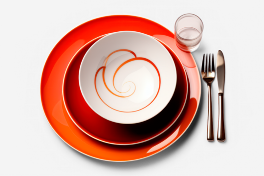 red plate bowl  with fork, spoon, knife isolated on transparent background, png file