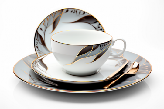 grey plate bowl  with fork, spoon, knife isolated on transparent background, png file