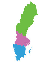 Sweden map. Map of Sweden divided into three main regions
