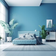 Livingroom with windows with curtains, calm design of interior, light colors, blues and white, minimalizm 3D render.