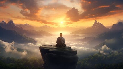A man is meditating and smiling on the top of the mountain, big details - obrazy, fototapety, plakaty