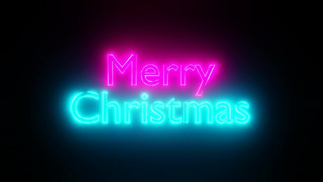Merry Christmas flickering neon on black background. Visuals effects, free motion background