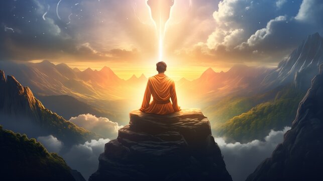 A man is meditating and smiling on the top of the mountain, big details