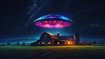 Poster A large UFO flies over a farm. © AMERO MEDIA