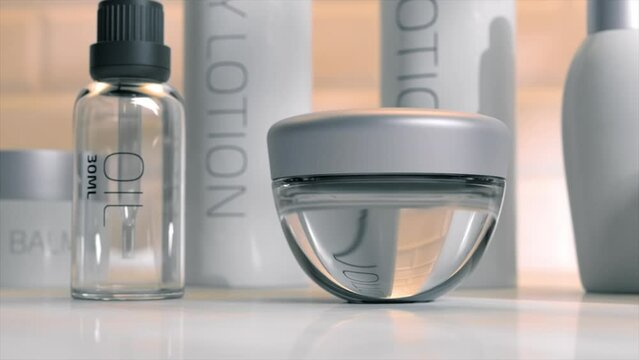 Close-up of skincare bottles in 3D animation, showcasing modern design with clean lines and transparent materials on a reflective surface.