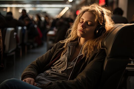Woman sleeping wearing noise cancelation headphones 