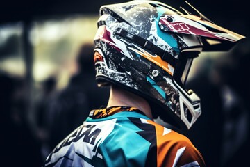 Chromatic Adventure: Biker in Motocross Gear, Dressed in Bright Colors on Helmet and Clothing - obrazy, fototapety, plakaty