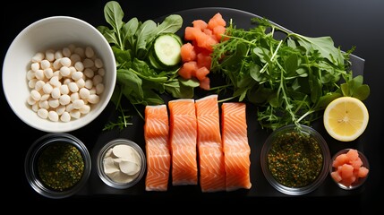 A deconstructed sushi bowl concept with raw salmon, avocado, and fresh vegetables, ready for a healthy meal.