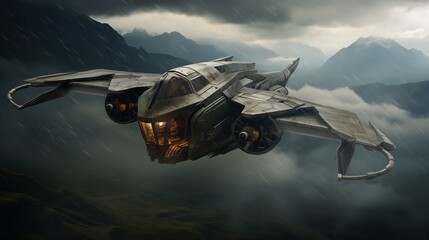 A rustic futuristic aircraft fighter flying through a rain storm, Denver mountains background,...