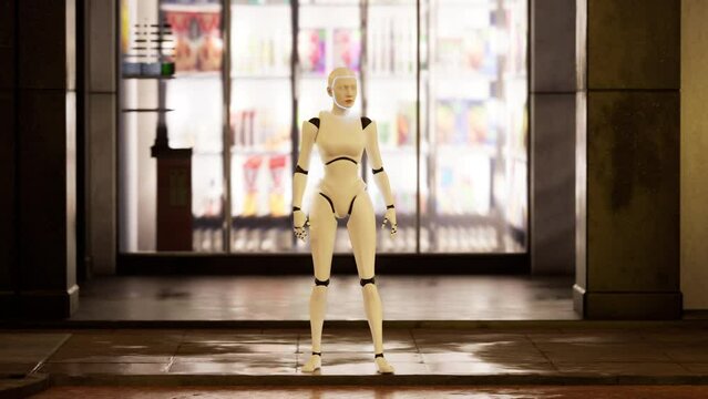 female robot staying on a street in a big city and looking around. humanoid AI robot among people. 3d animation. future concept