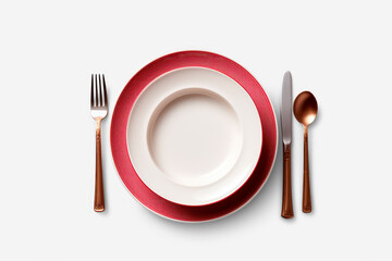 red plate with fork, spoon, knife isolated on transparent background, png file - Powered by Adobe