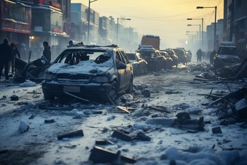 Severe Snowstorm Causes Evening Traffic Accident, Two Cars Collide on City Road - Russian City
