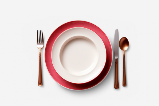 red plate with fork, spoon, knife isolated on transparent background, png file